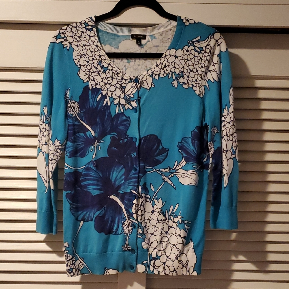 Talbots Blue and White Floral Knit Sweater, Size M